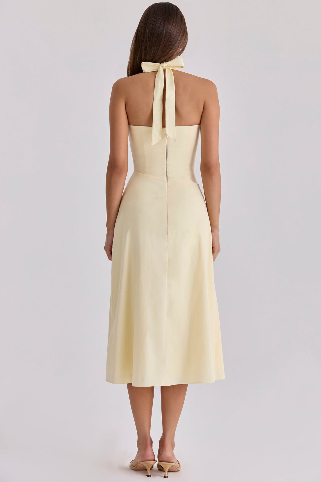 Midi dress with neck ties, an open back, and ruching – LANA