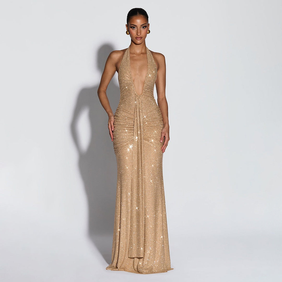 שמלת מקסי זרקונים מנצנצים קשירה בעורף גב פתוח - YANAY