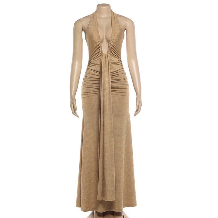 שמלת מקסי זרקונים מנצנצים קשירה בעורף גב פתוח - YANAY