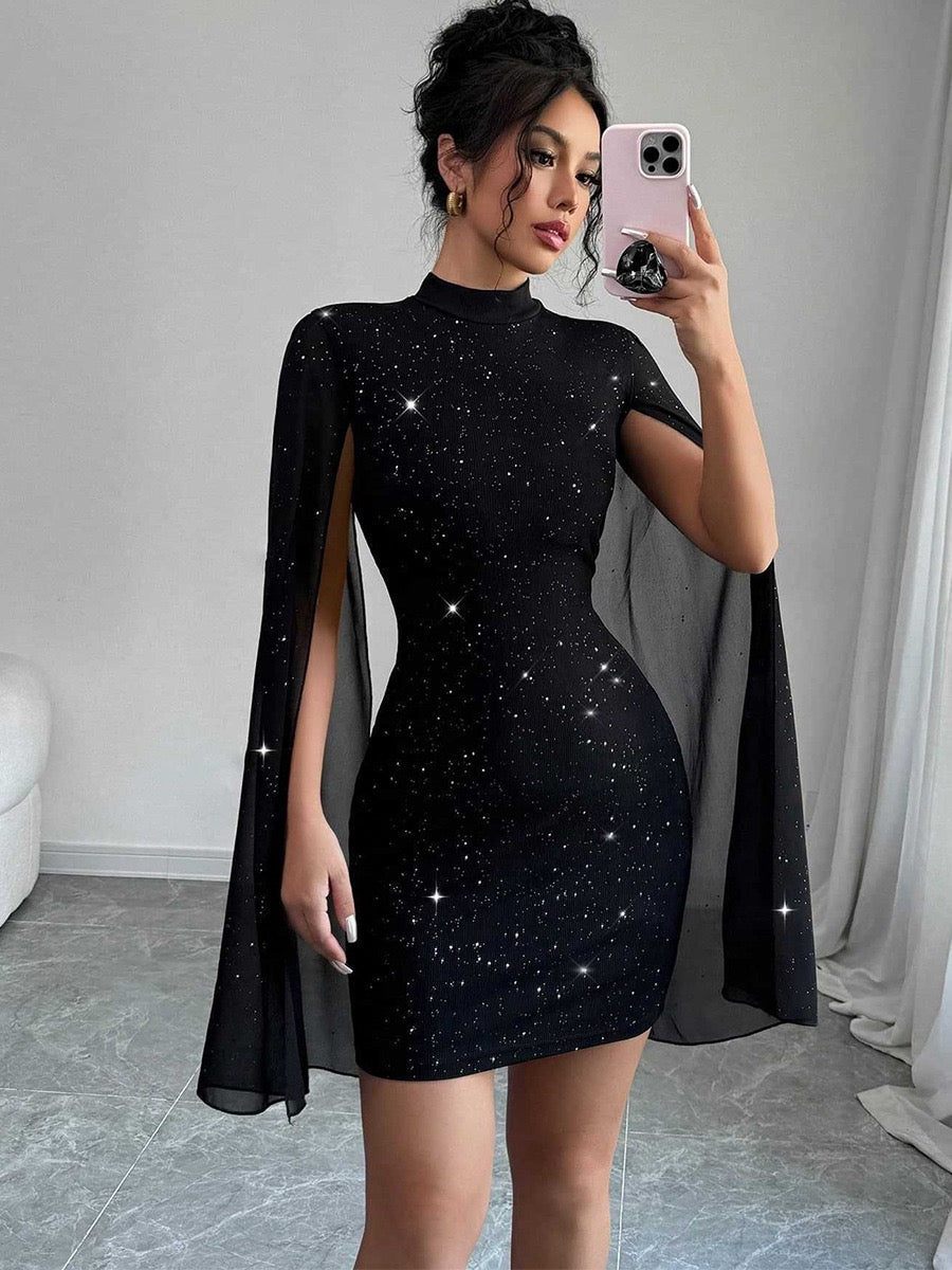 Mini Sequin Dress with Open Chiffon Sleeves Design - MOYA