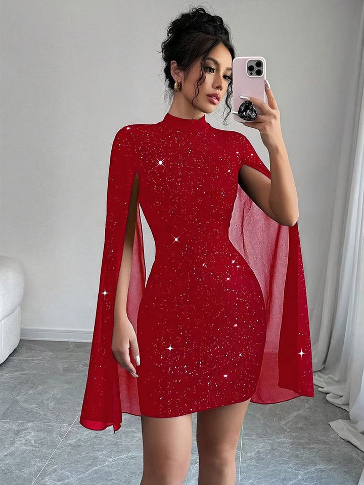 Mini Sequin Dress with Open Chiffon Sleeves Design - MOYA