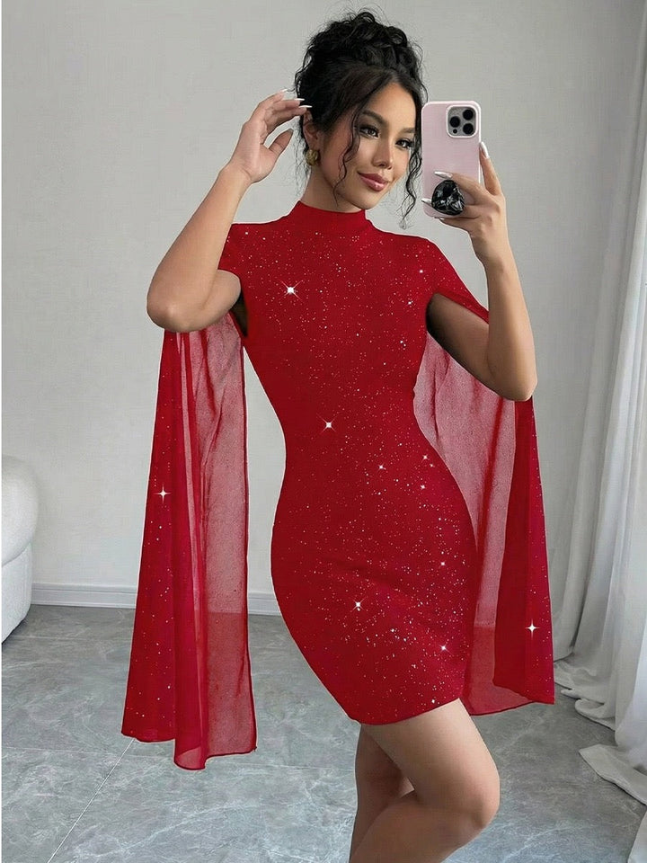 Mini Sequin Dress with Open Chiffon Sleeves Design - MOYA