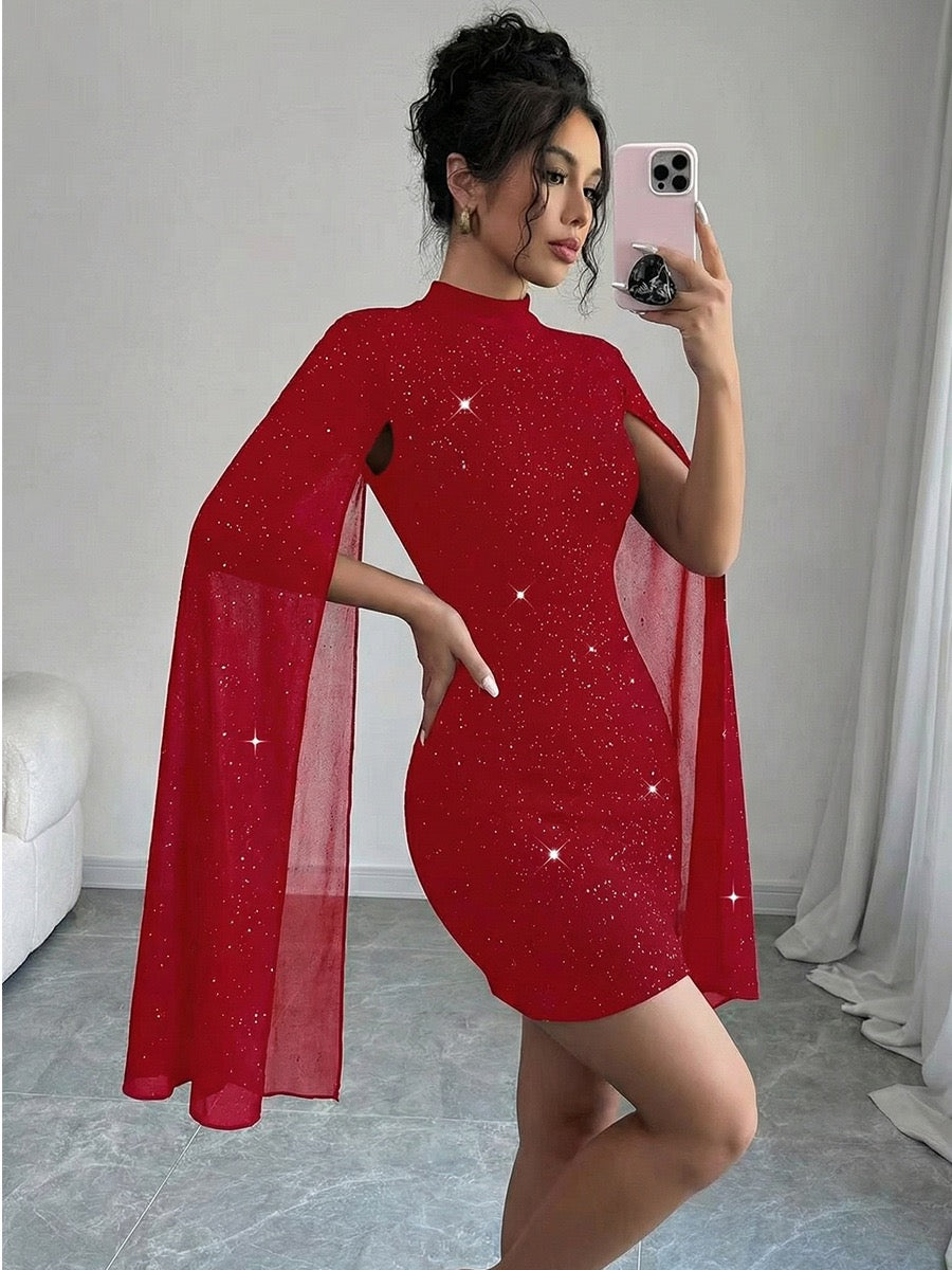Mini Sequin Dress with Open Chiffon Sleeves Design - MOYA
