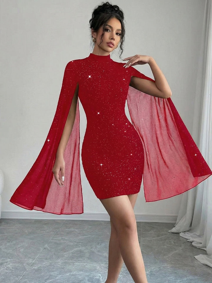 Mini Sequin Dress with Open Chiffon Sleeves Design - MOYA