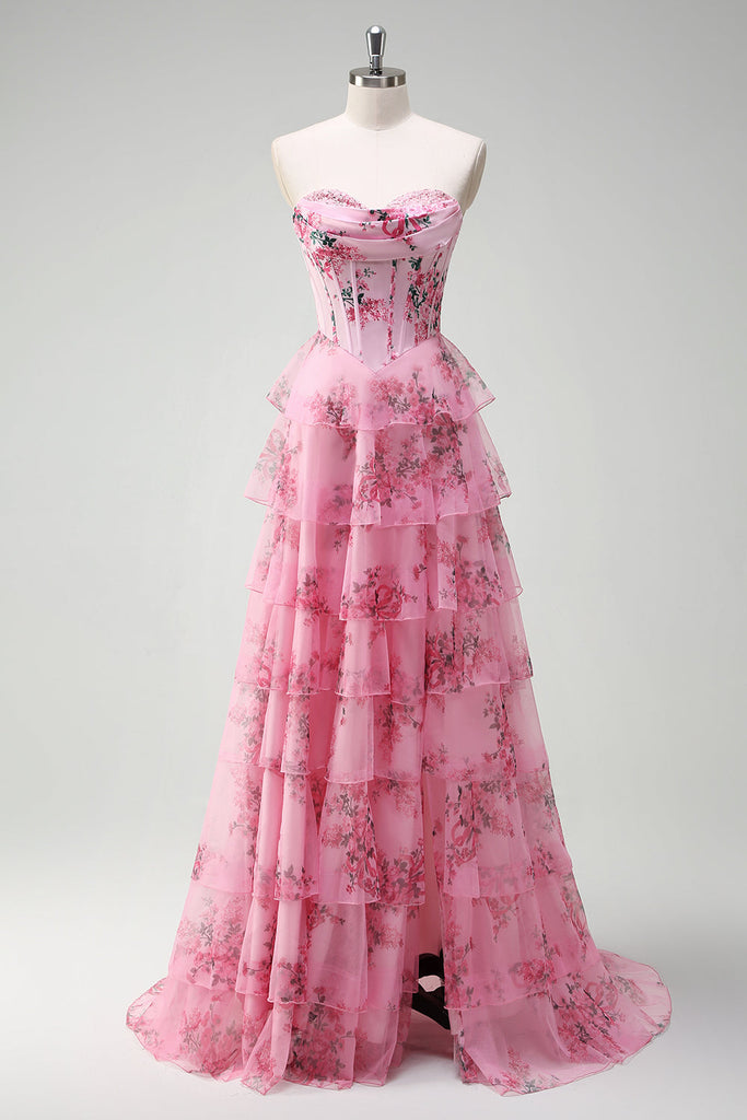 SHERY strapless ruffle maxi dress with a corset design, back tie, waist-cinching fit, and slit