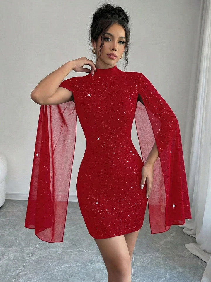 Mini Sequin Dress with Open Chiffon Sleeves Design - MOYA