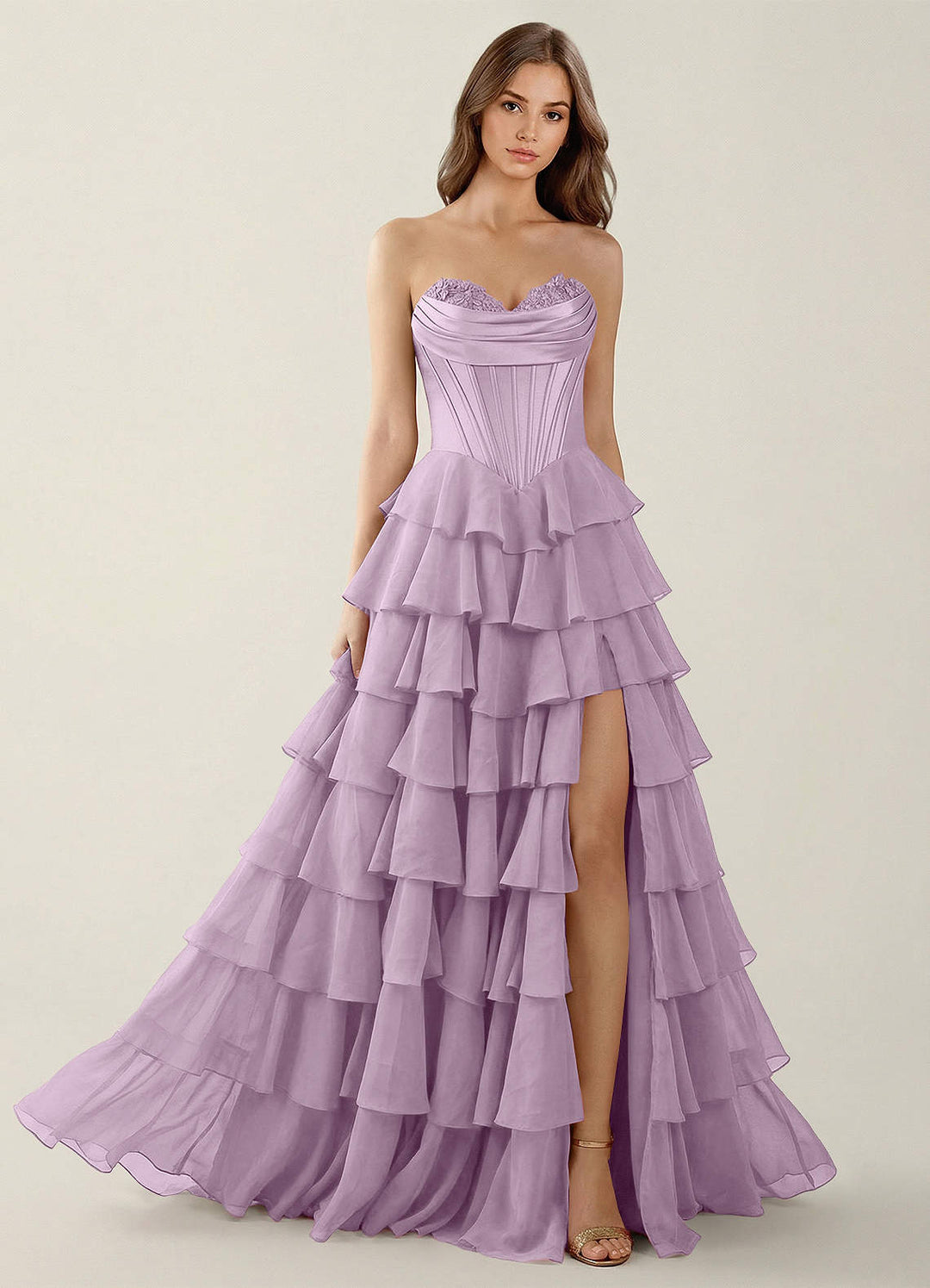 SHERY strapless ruffle maxi dress with a corset design, back tie, waist-cinching fit, and slit