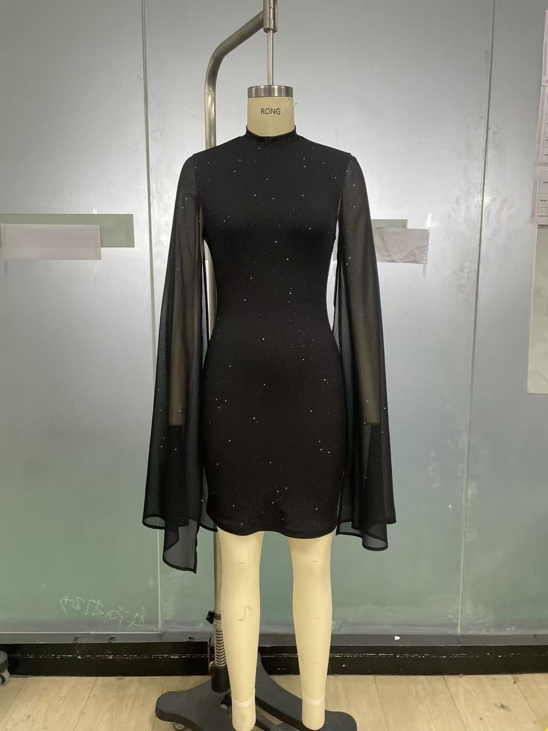 Mini Sequin Dress with Open Chiffon Sleeves Design - MOYA