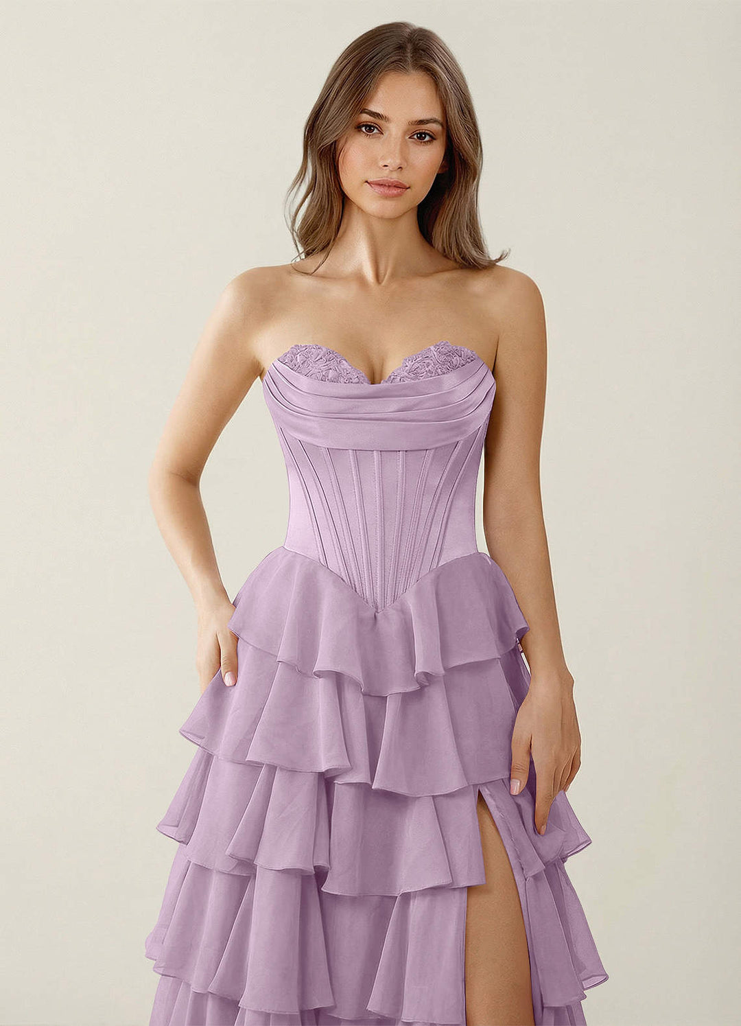 SHERY strapless ruffle maxi dress with a corset design, back tie, waist-cinching fit, and slit