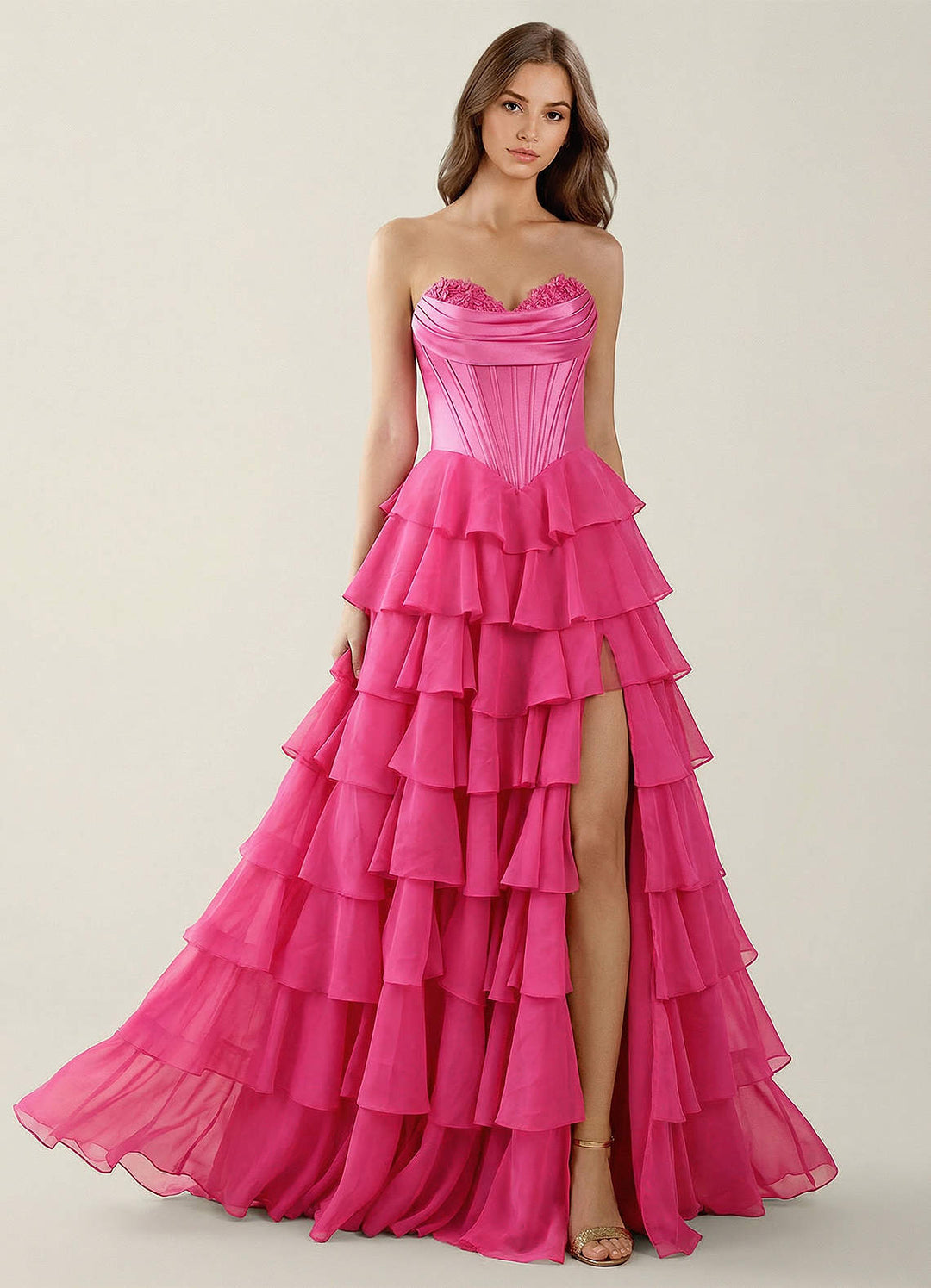 SHERY strapless ruffle maxi dress with a corset design, back tie, waist-cinching fit, and slit