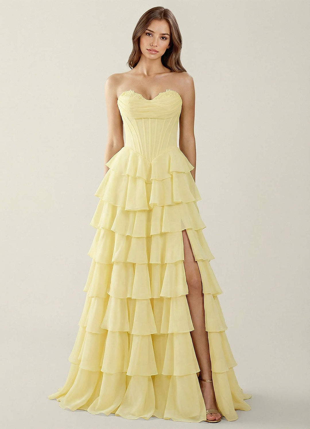 SHERY strapless ruffle maxi dress with a corset design, back tie, waist-cinching fit, and slit