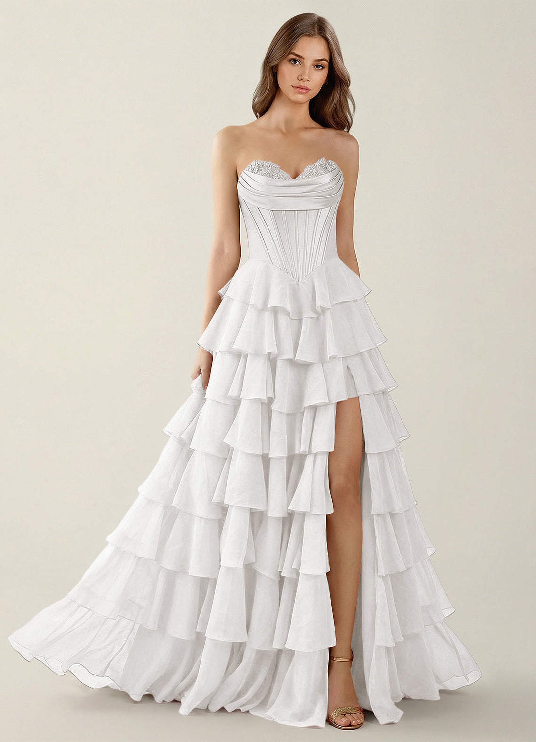 SHERY strapless ruffle maxi dress with a corset design, back tie, waist-cinching fit, and slit