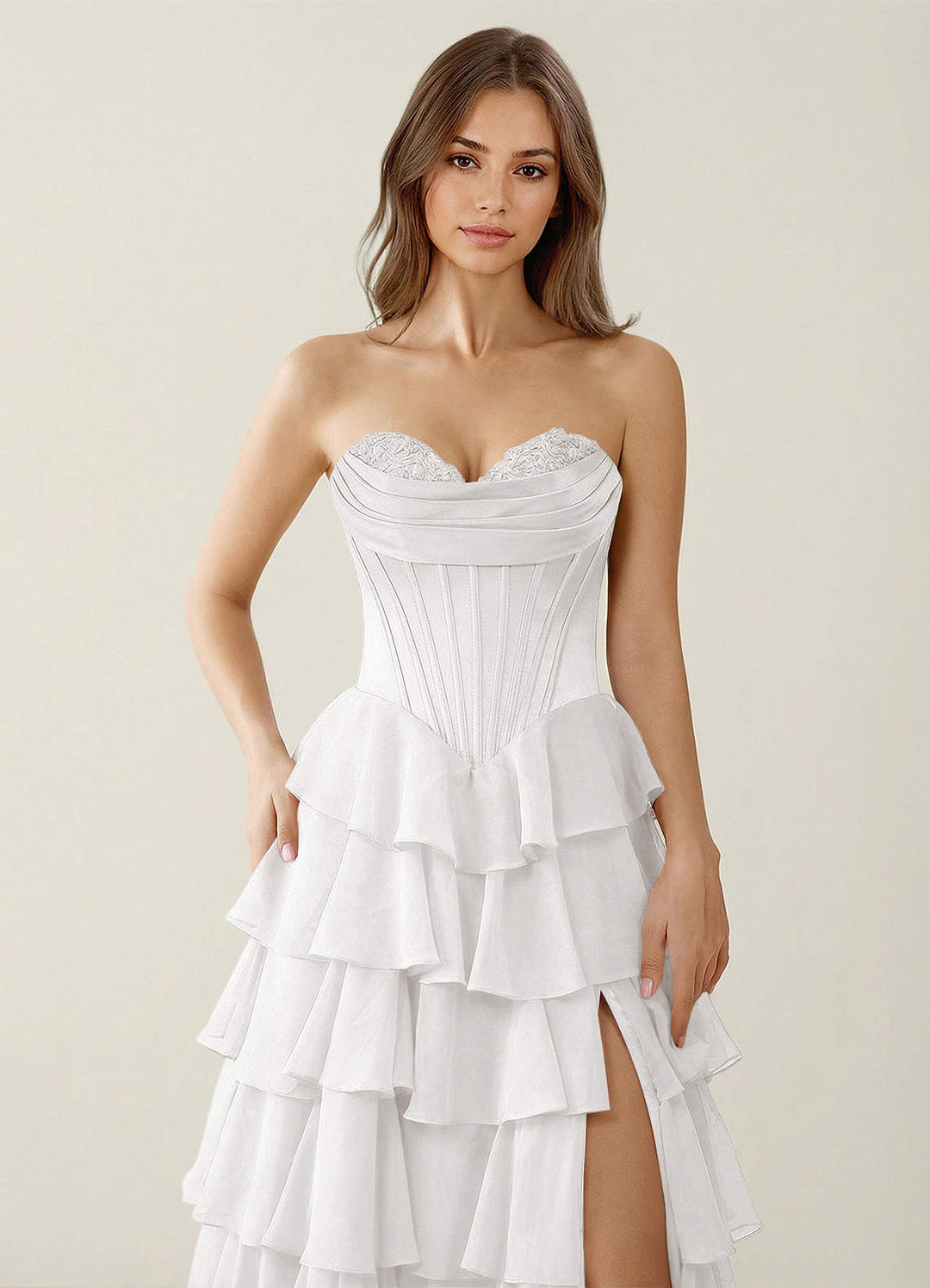 SHERY strapless ruffle maxi dress with a corset design, back tie, waist-cinching fit, and slit