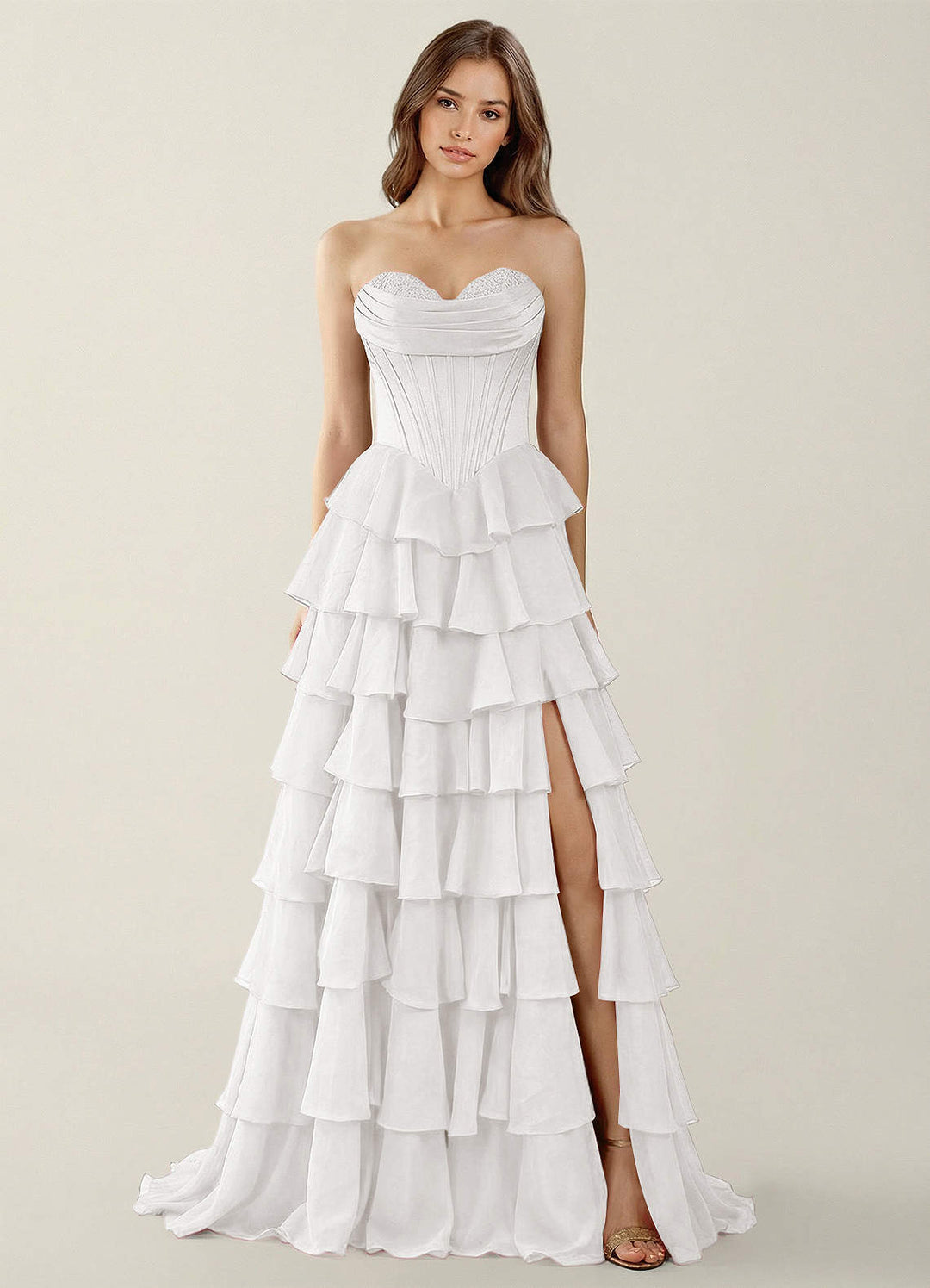 SHERY strapless ruffle maxi dress with a corset design, back tie, waist-cinching fit, and slit