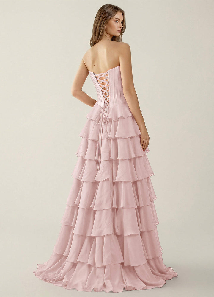 SHERY strapless ruffle maxi dress with a corset design, back tie, waist-cinching fit, and slit