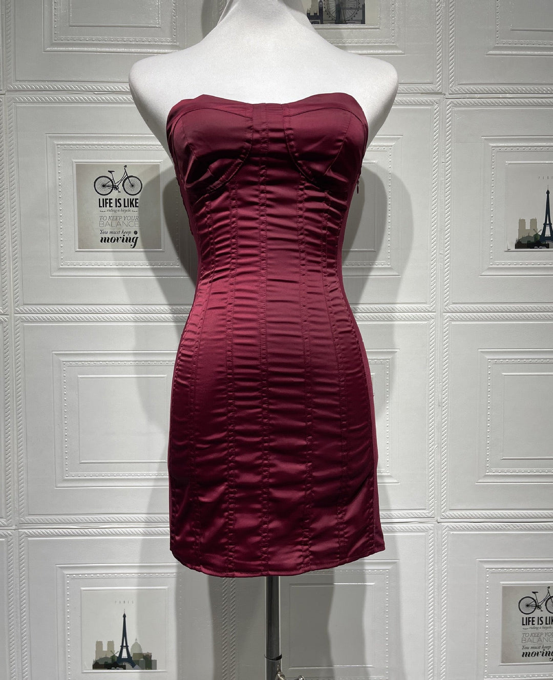 Strapless Satin Mini Dress with Back Tie for Waist Fitting - DARIA