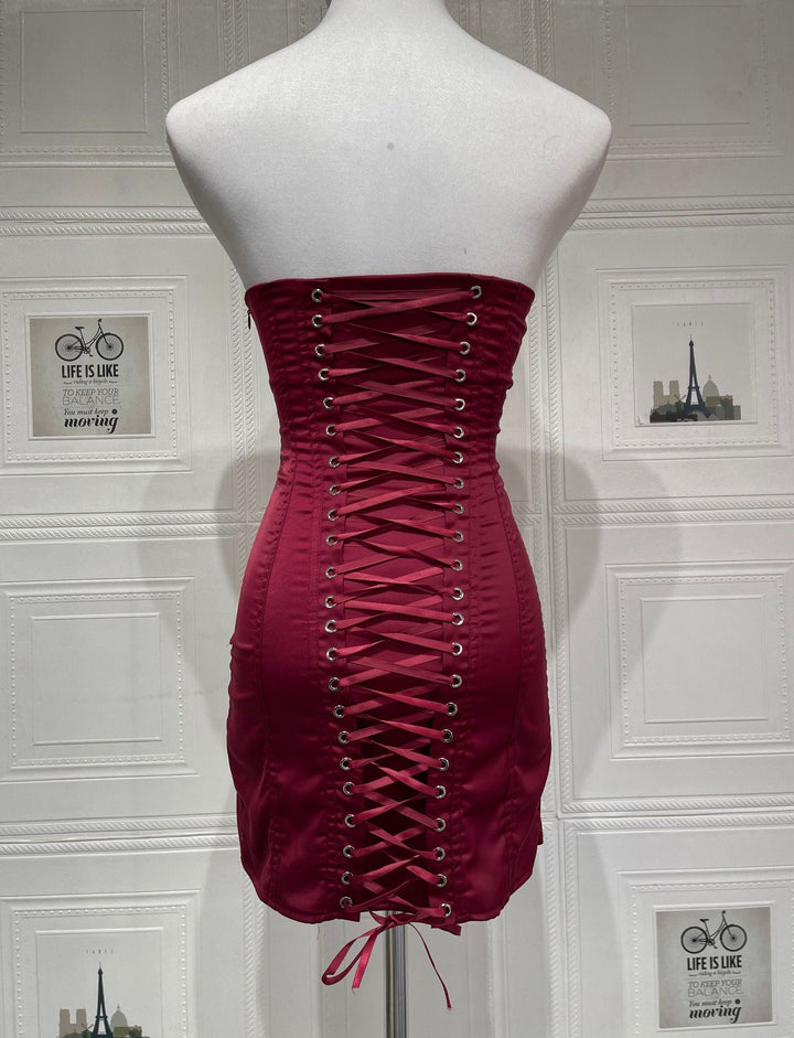 Strapless Satin Mini Dress with Back Tie for Waist Fitting - DARIA