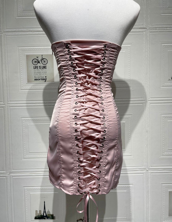 Strapless Satin Mini Dress with Back Tie for Waist Fitting - DARIA