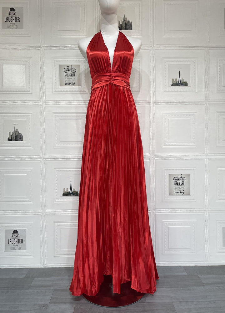 Maxi satin dress with pleats and tie at the nape, open back - Laila