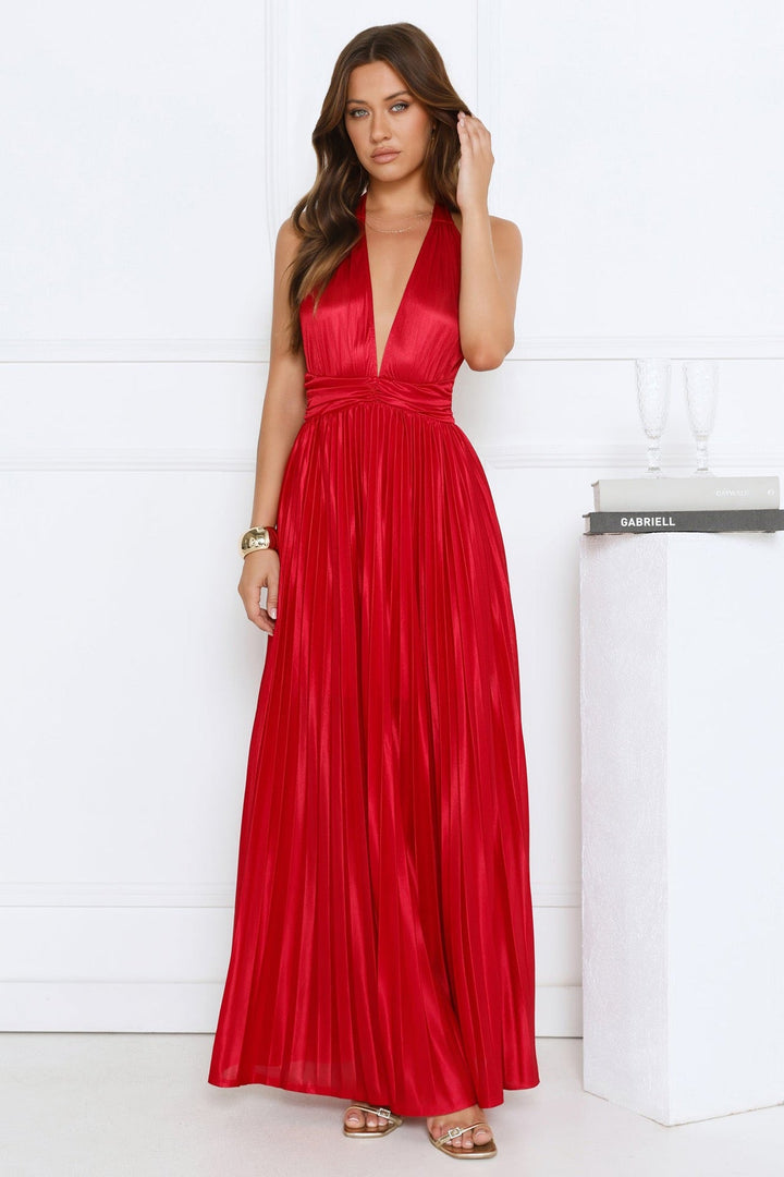 Maxi satin dress with pleats and tie at the nape, open back - Laila