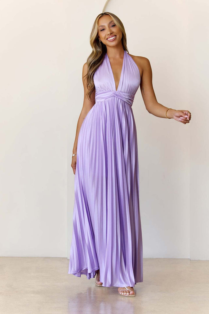 Maxi satin dress with pleats and tie at the nape, open back - Laila