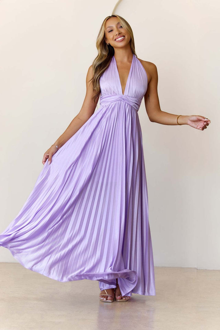 Maxi satin dress with pleats and tie at the nape, open back - Laila
