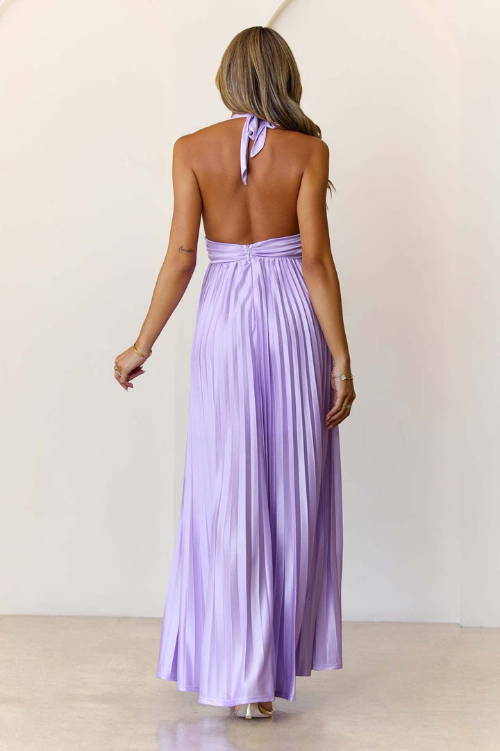 Maxi satin dress with pleats and tie at the nape, open back - Laila