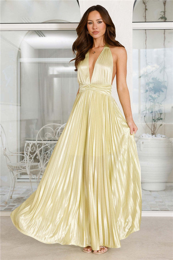 Maxi satin dress with pleats and tie at the nape, open back - Laila