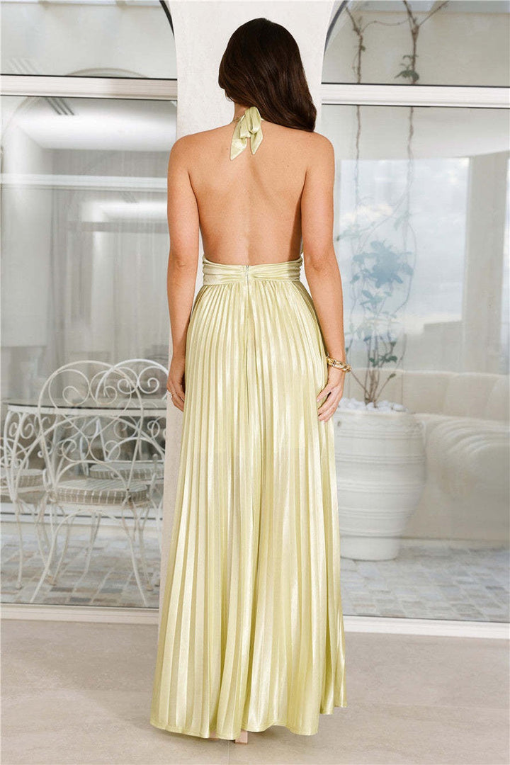 Maxi satin dress with pleats and tie at the nape, open back - Laila