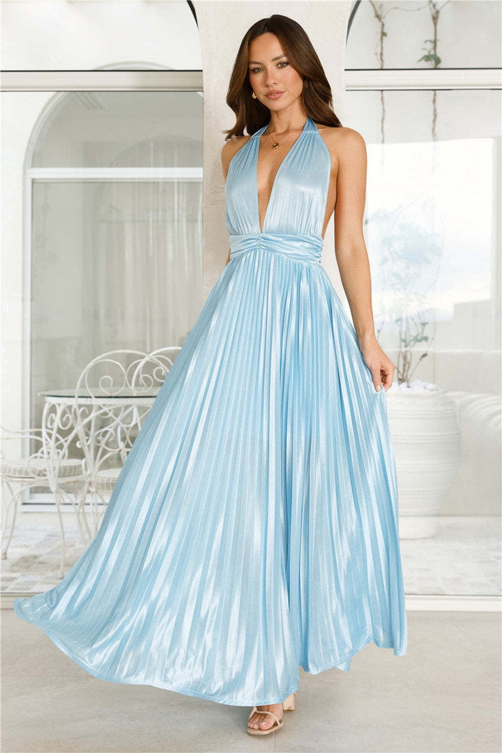 Maxi satin dress with pleats and tie at the nape, open back - Laila