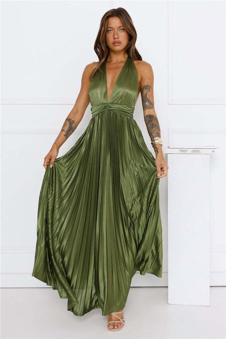 Maxi satin dress with pleats and tie at the nape, open back - Laila
