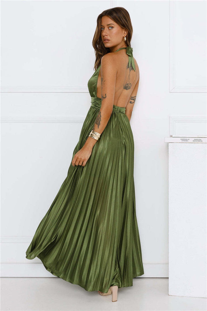 Maxi satin dress with pleats and tie at the nape, open back - Laila