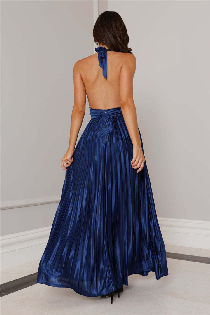 Maxi satin dress with pleats and tie at the nape, open back - Laila