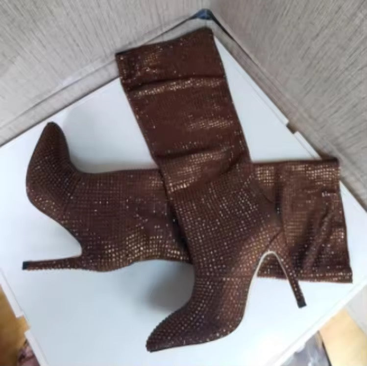 High Pointed Heel Boots with Sparkling Rhinestone Design - Josie