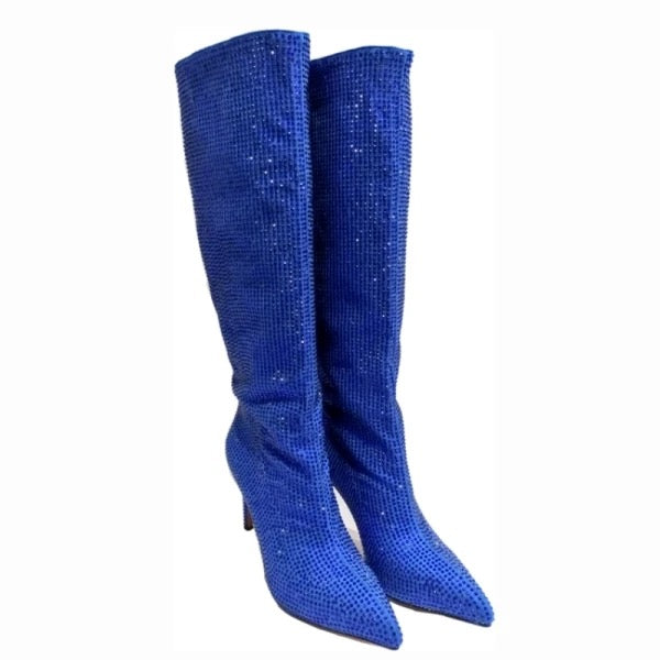High Pointed Heel Boots with Sparkling Rhinestone Design - Josie