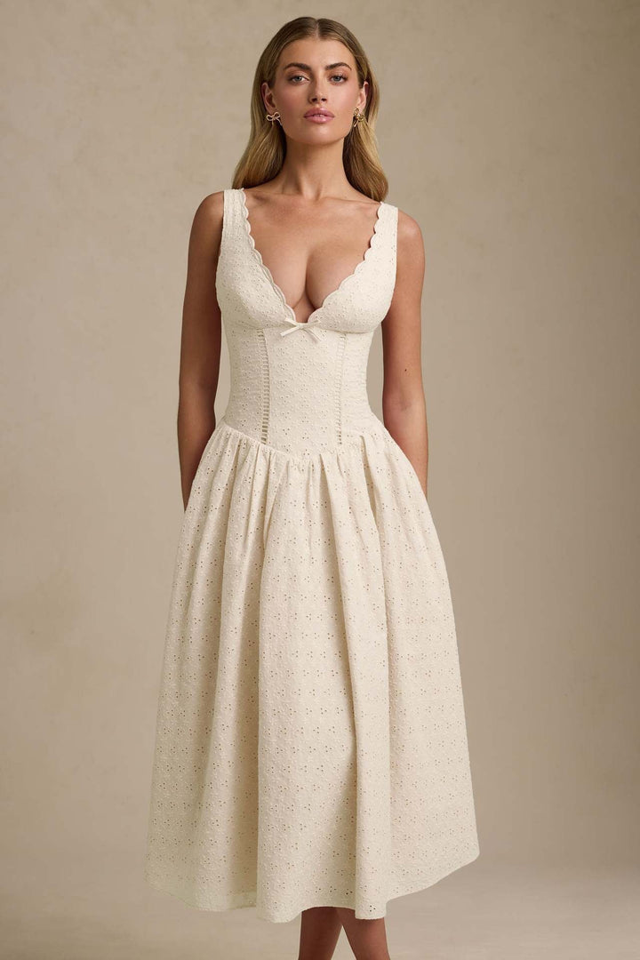 A-Line Midi Dress with Floral Embroidery - Tova