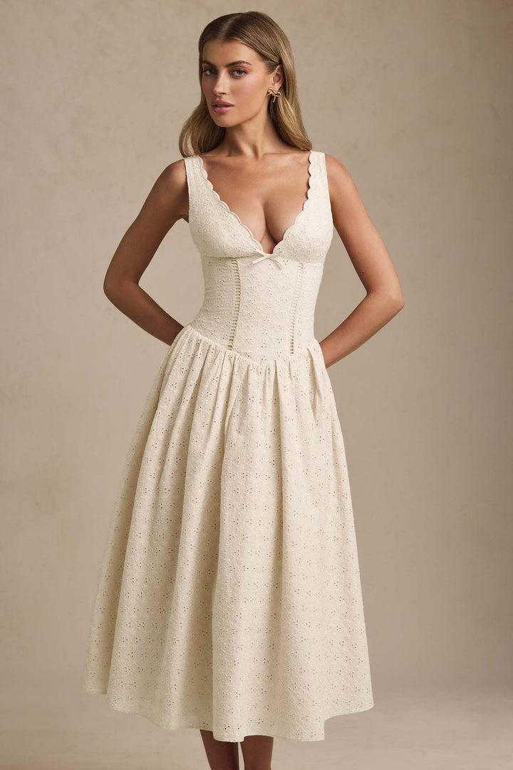 A-Line Midi Dress with Floral Embroidery - Tova