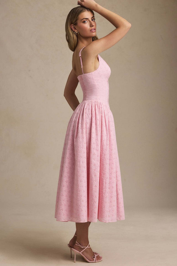 A-Line Midi Dress with Floral Embroidery - Tova