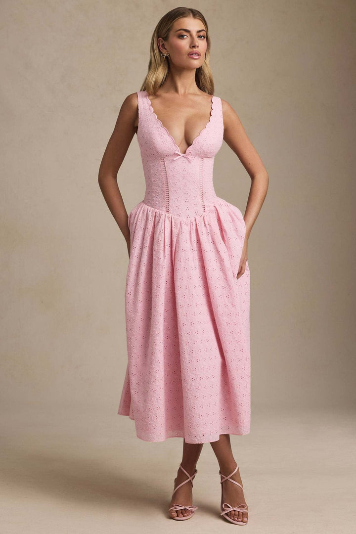 A-Line Midi Dress with Floral Embroidery - Tova
