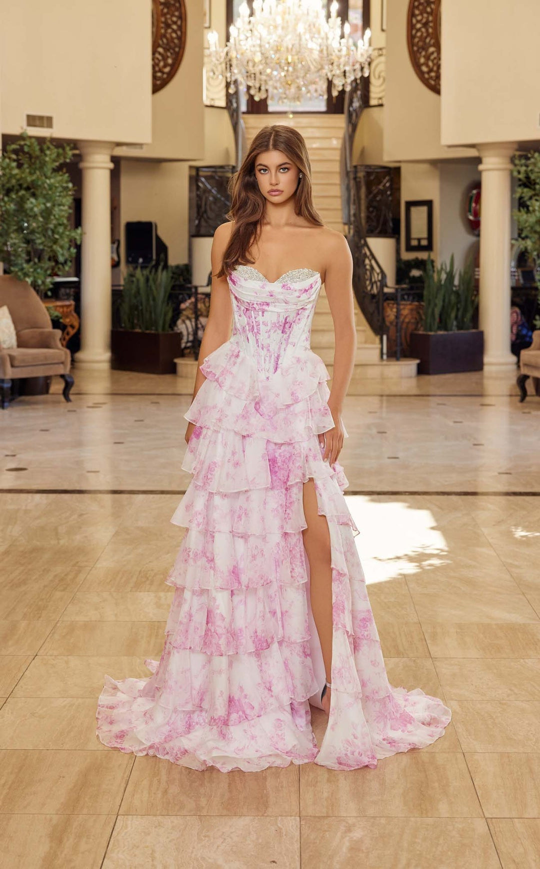 SHERY strapless ruffle maxi dress with a corset design, back tie, waist-cinching fit, and slit