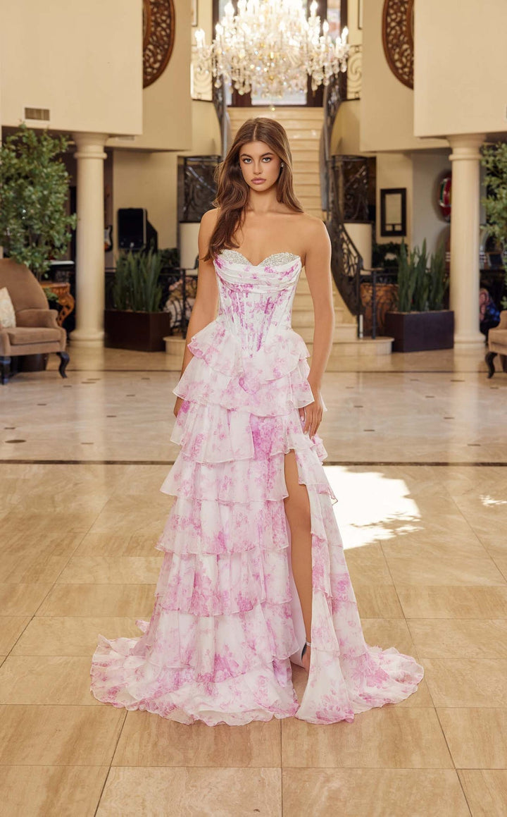 SHERY strapless ruffle maxi dress with a corset design, back tie, waist-cinching fit, and slit