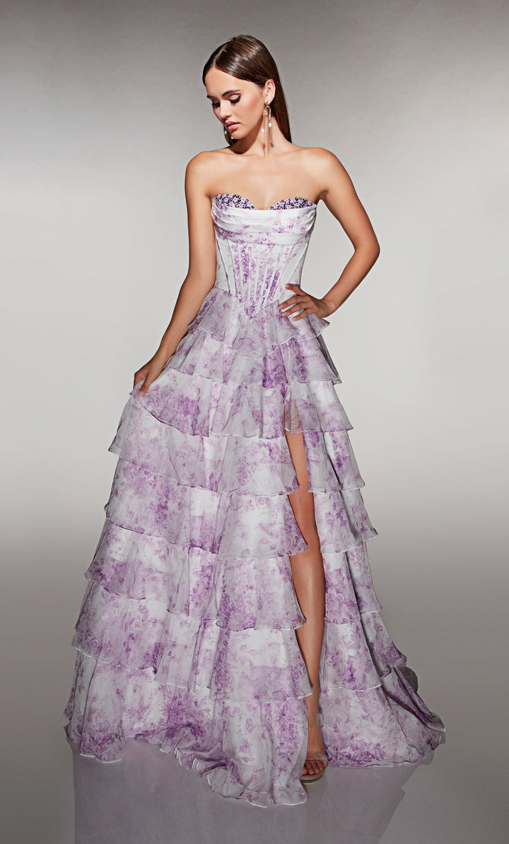 SHERY strapless ruffle maxi dress with a corset design, back tie, waist-cinching fit, and slit