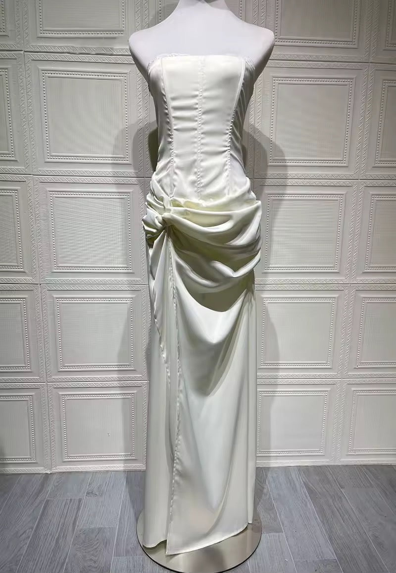 Strapless satin maxi dress with slit and back tie for waist fit with lace trim - Malachi