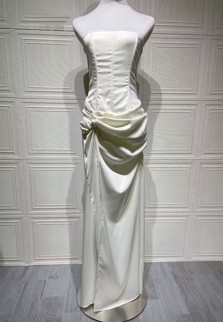 Strapless satin maxi dress with slit and back tie for waist fit with lace trim - Malachi