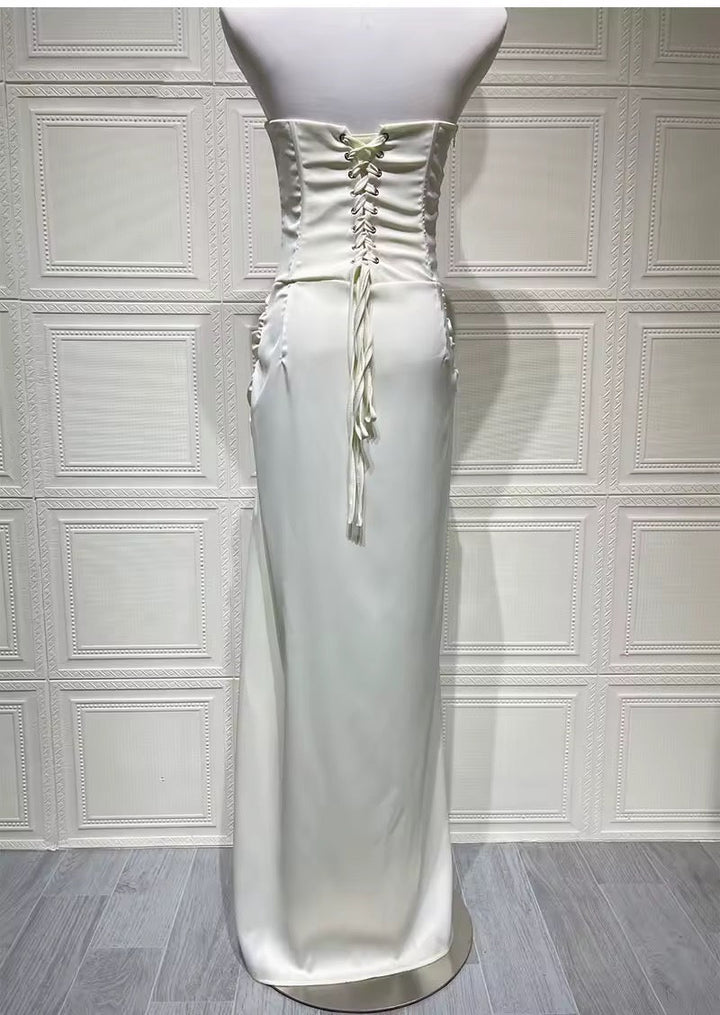 Strapless satin maxi dress with slit and back tie for waist fit with lace trim - Malachi