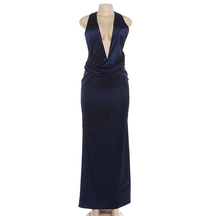 Satin Maxi Dress with Pleats, Open Back, and Sequin Decoration - EDEN