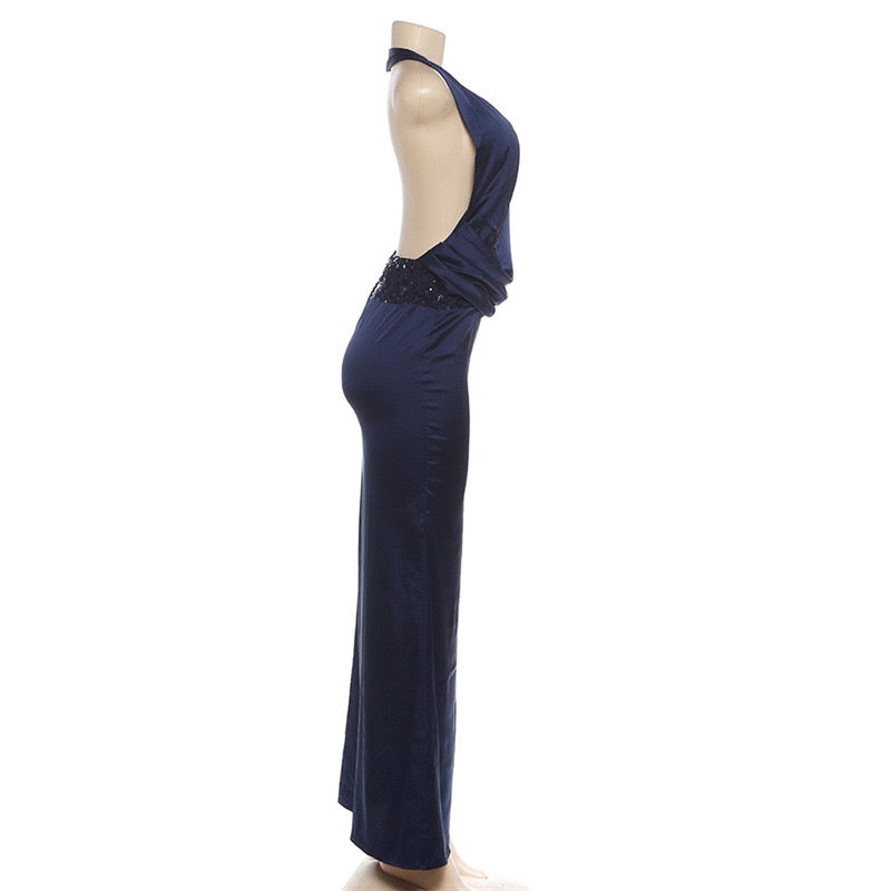 Satin Maxi Dress with Pleats, Open Back, and Sequin Decoration - EDEN