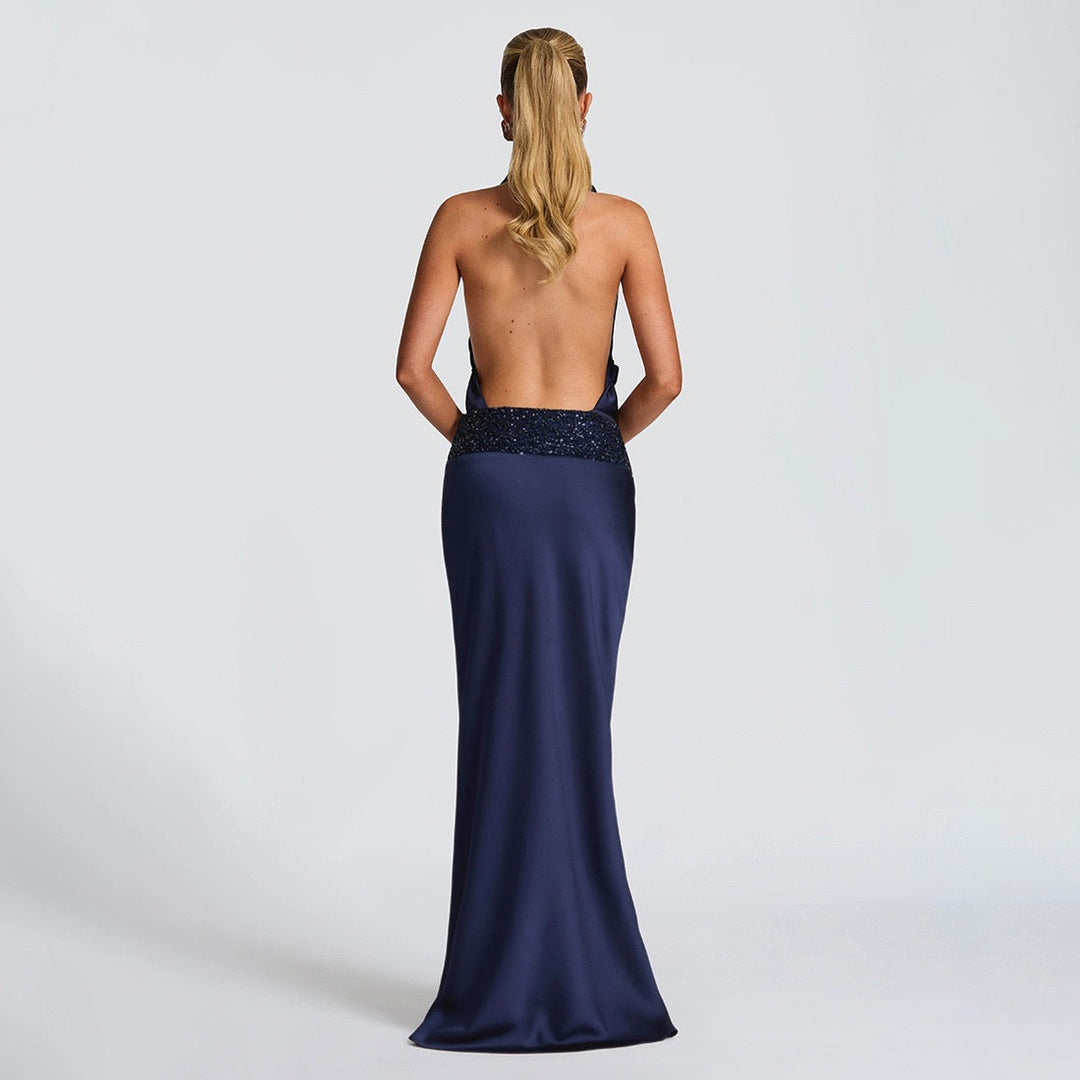 Satin Maxi Dress with Pleats, Open Back, and Sequin Decoration - EDEN