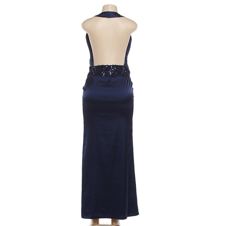 Satin Maxi Dress with Pleats, Open Back, and Sequin Decoration - EDEN