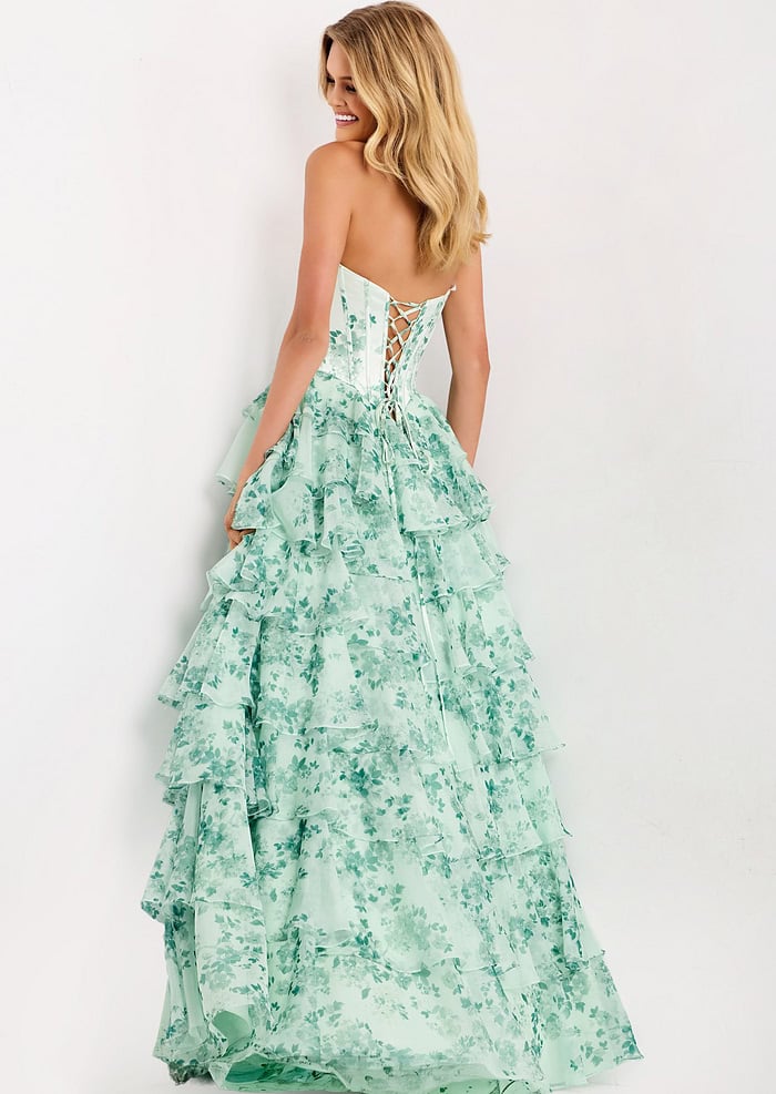SHERY strapless ruffle maxi dress with a corset design, back tie, waist-cinching fit, and slit